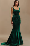 Robe de soirée longue de vacances sirène en velours vert foncé à col carré