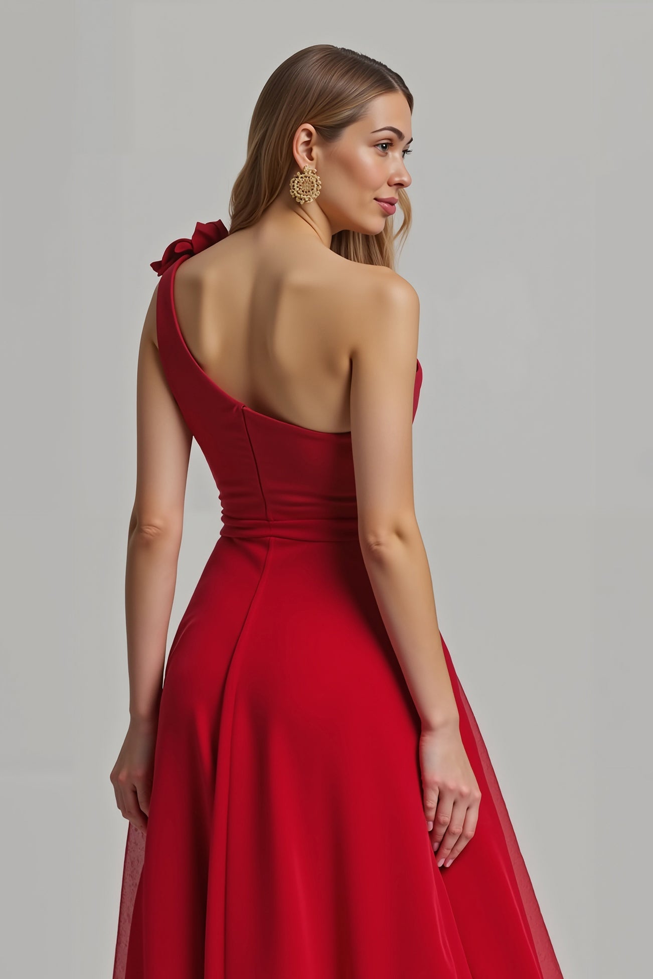 Floral rouge Une ligne Une épaule longue robe de fête de vacances