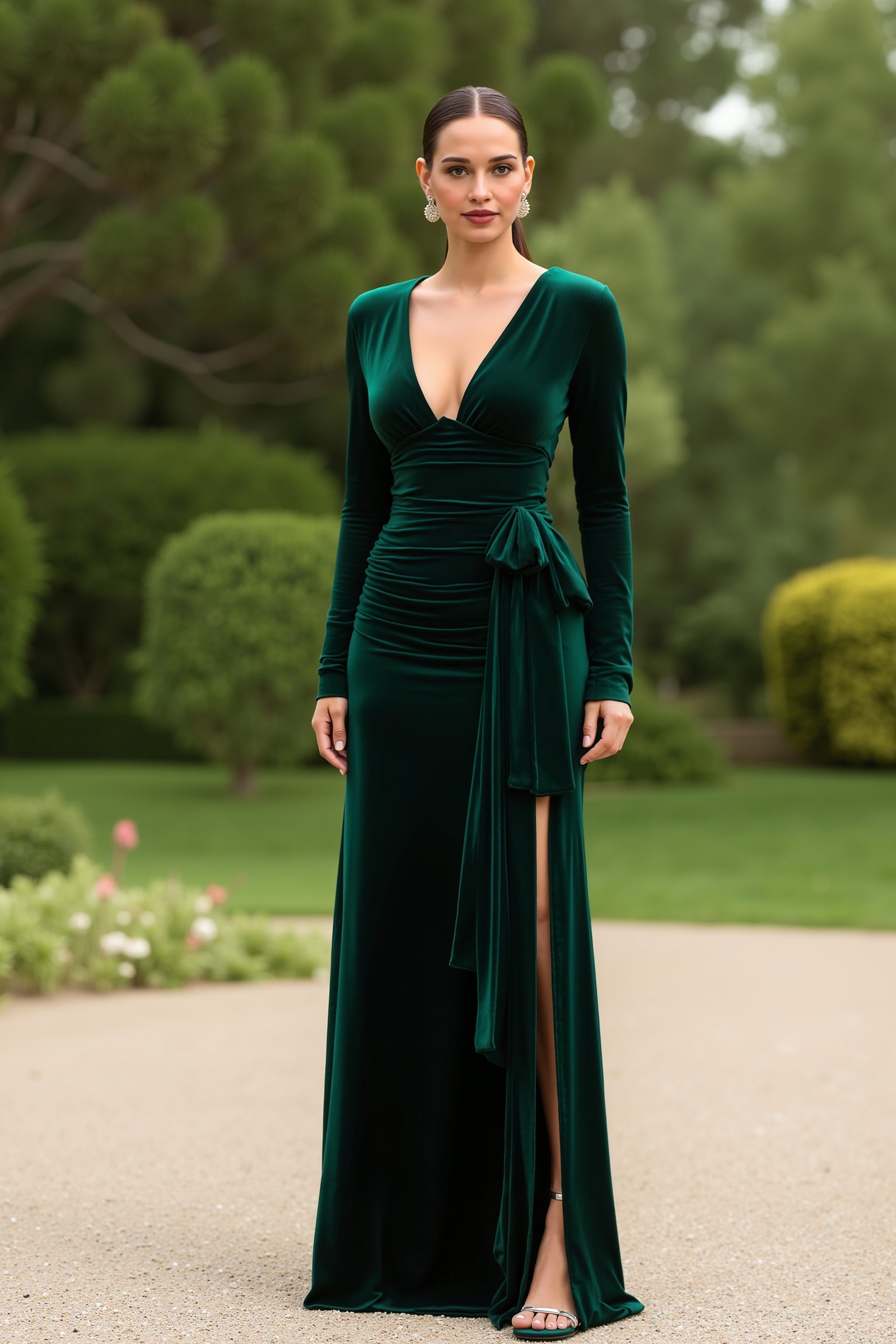 Robe longue de soirée de vacances en velours à col en V vert foncé avec fente