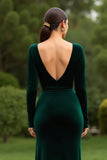 Robe longue de soirée de vacances en velours à col en V vert foncé avec fente