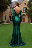 Robe de vacances sirène à manches longues et paillettes vert foncé
