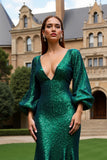 Robe de vacances sirène à manches longues et paillettes vert foncé