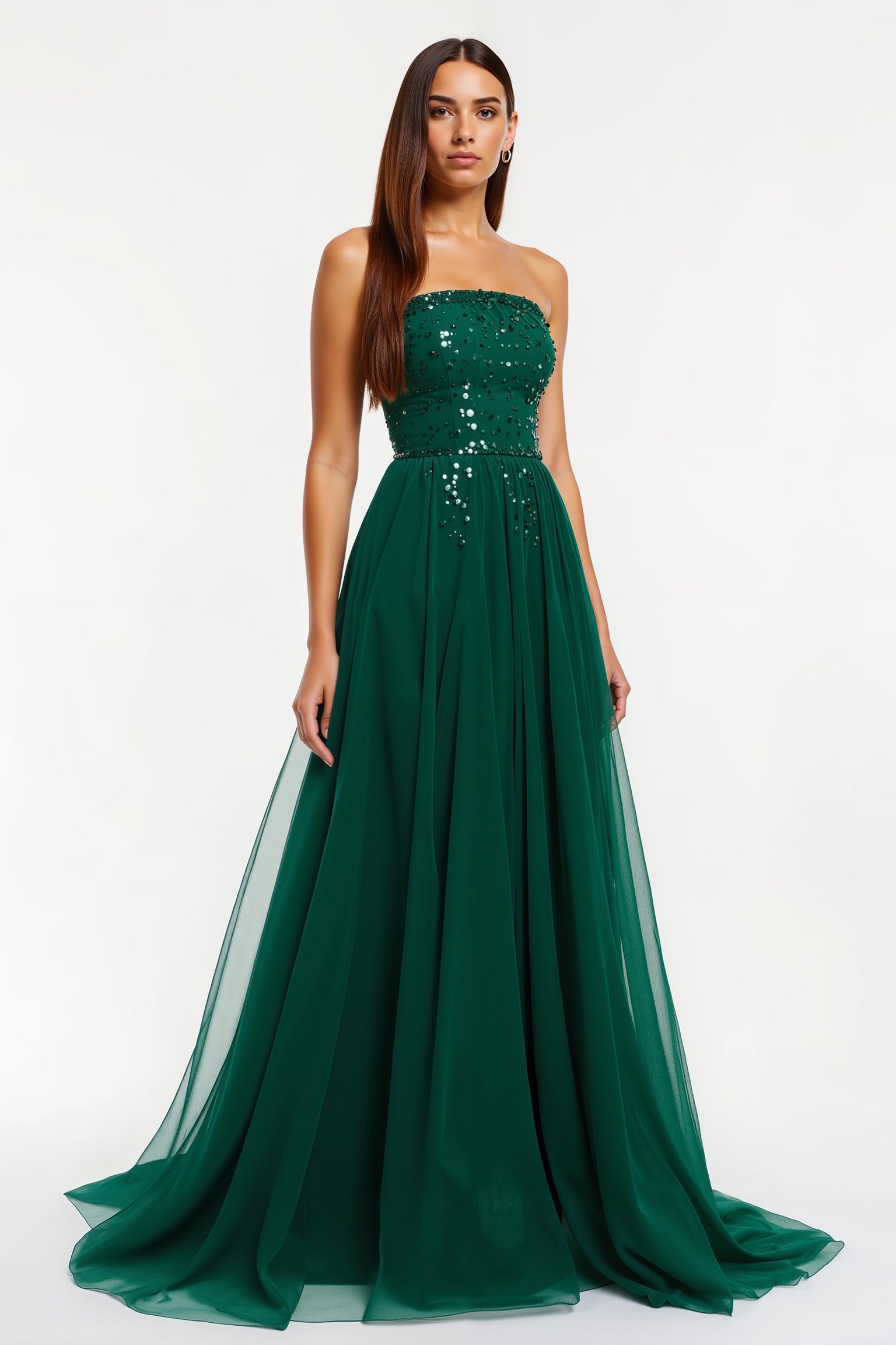 Robe longue de vacances à paillettes sans bretelles vert foncé