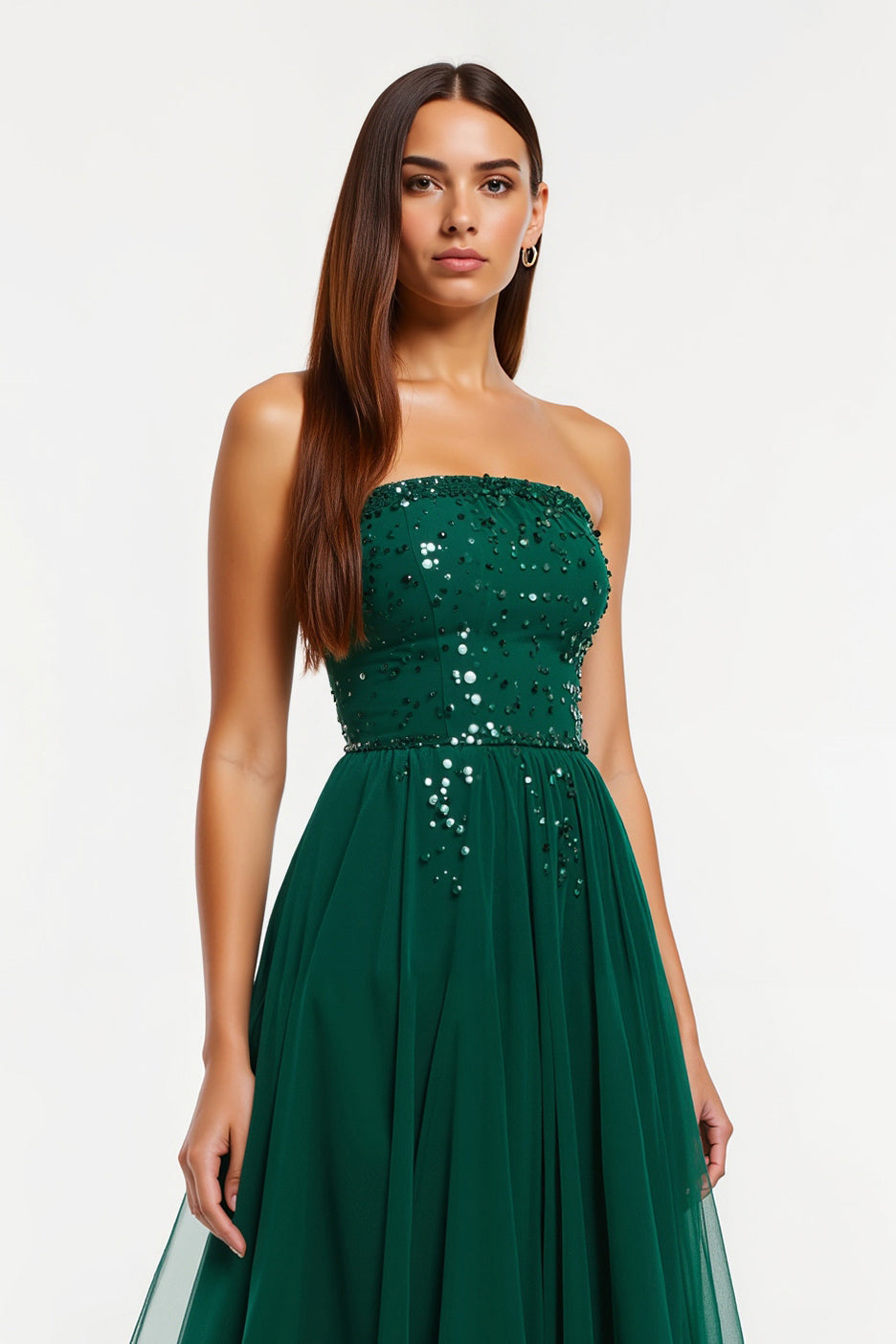 Robe longue de vacances à paillettes sans bretelles vert foncé