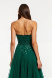 Robe longue de vacances à paillettes sans bretelles vert foncé
