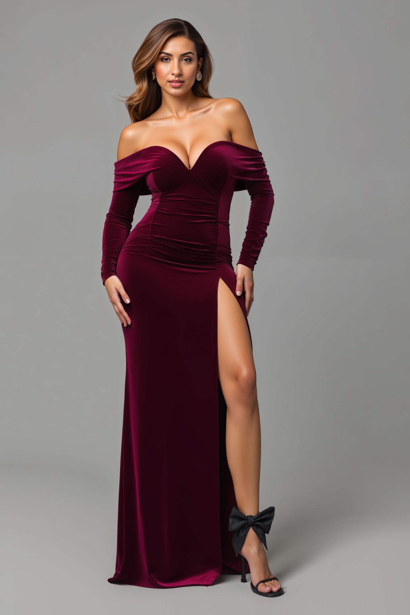 Robe longue de vacances sirène bordeaux à épaules dénudées