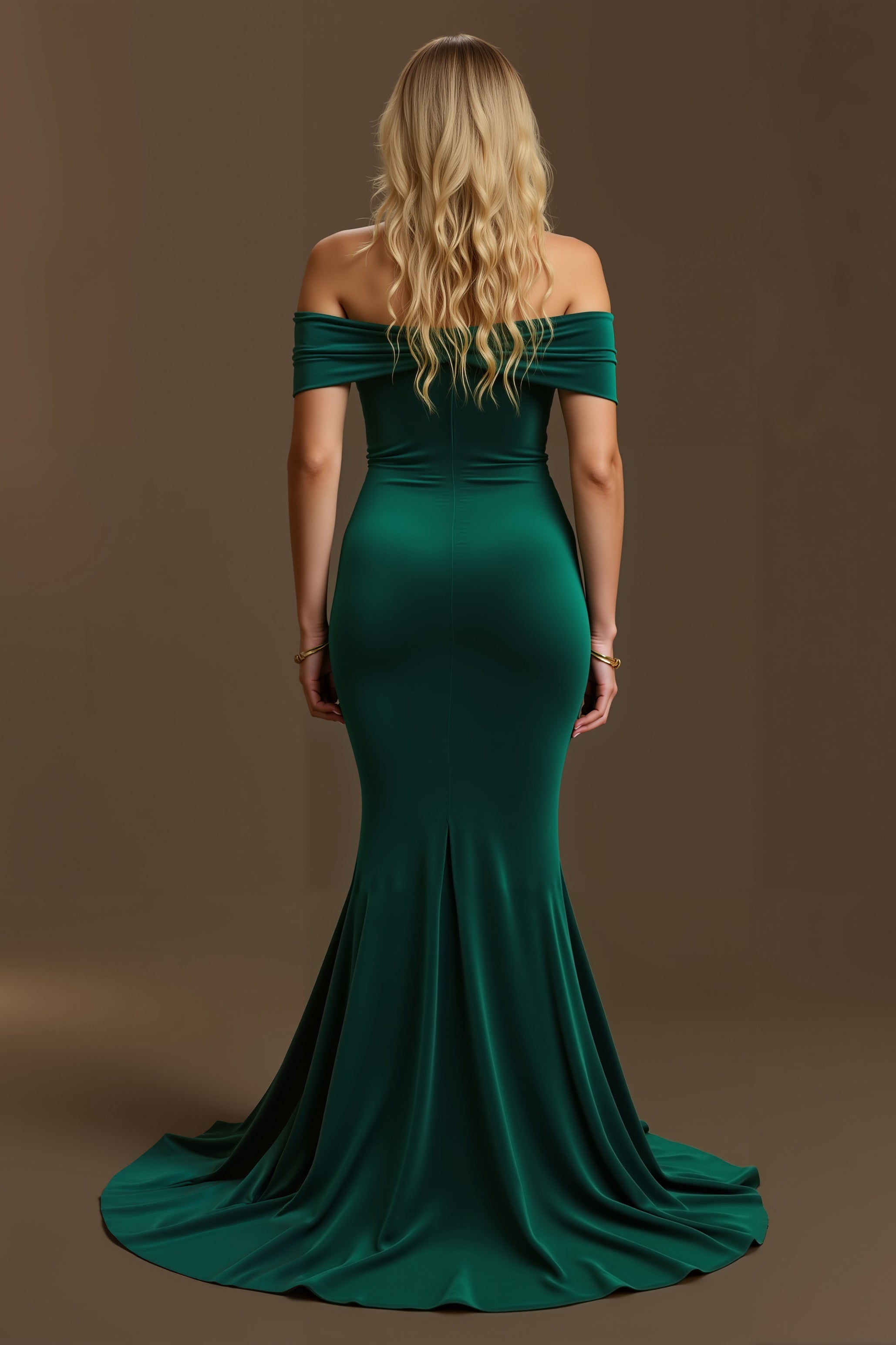 Robe longue de vacances sirène vert foncé à épaules dénudées
