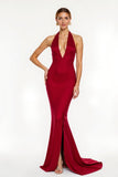 Robe longue de vacances sirène en satin dos nu rouge