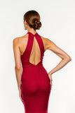 Robe longue de vacances sirène en satin dos nu rouge