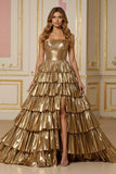 Golden Tiered A Line Robe de vacances sans bretelles métallisée