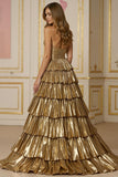 Golden Tiered A Line Robe de vacances sans bretelles métallisée