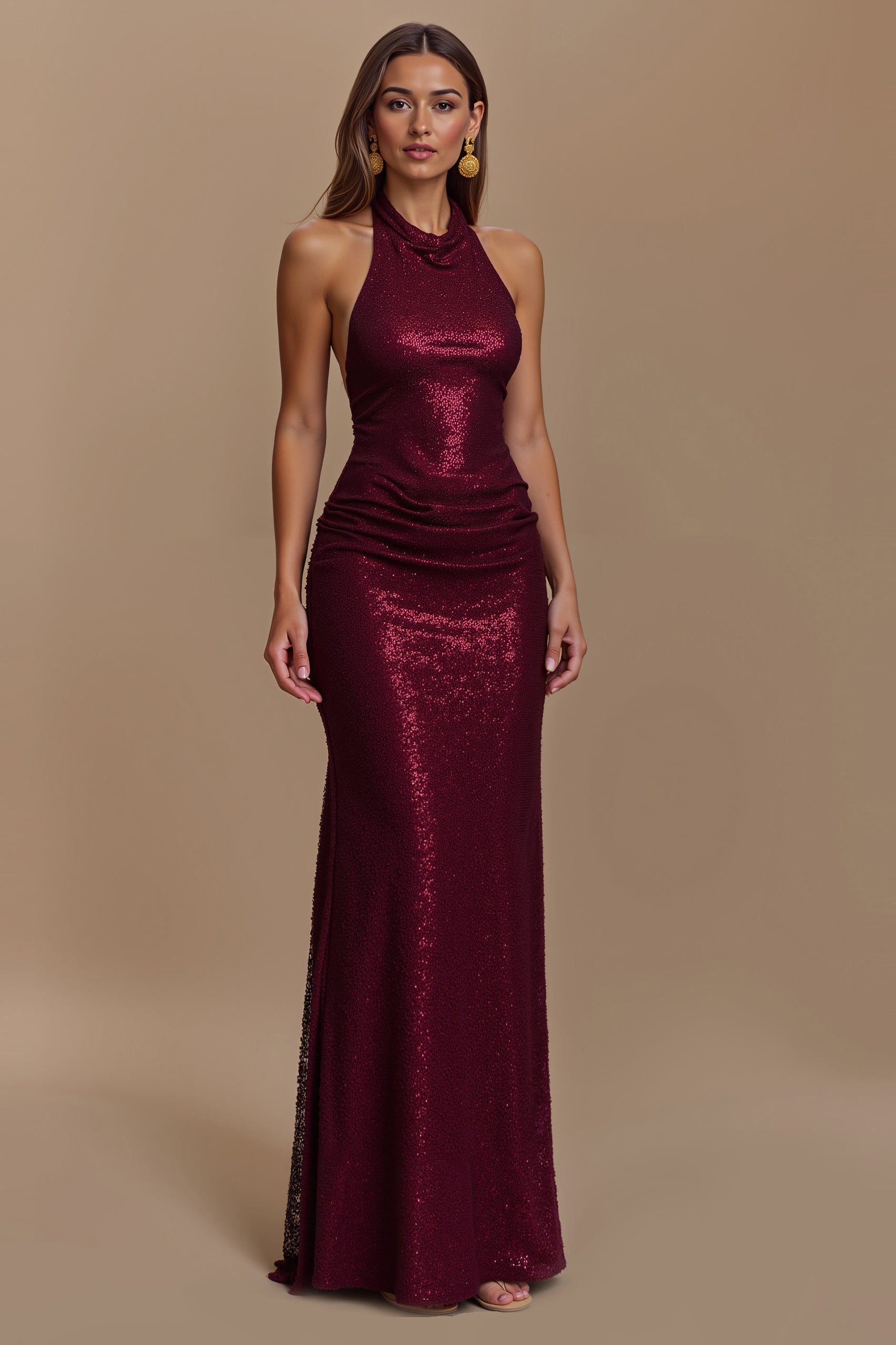Robe longue de vacances gainale bordeaux à sequins
