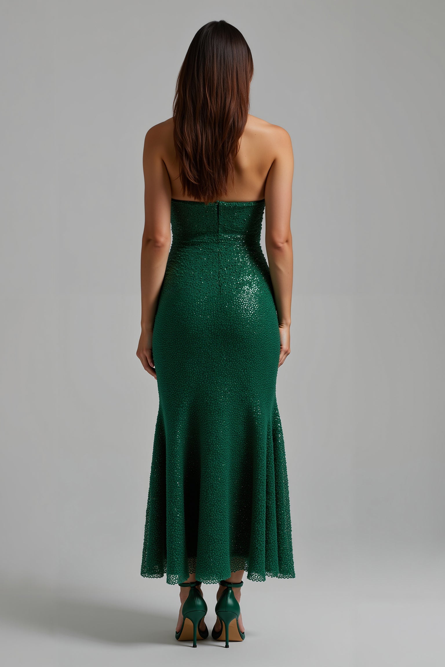 Robe longue de vacances sans bretelles vert foncé scintillante