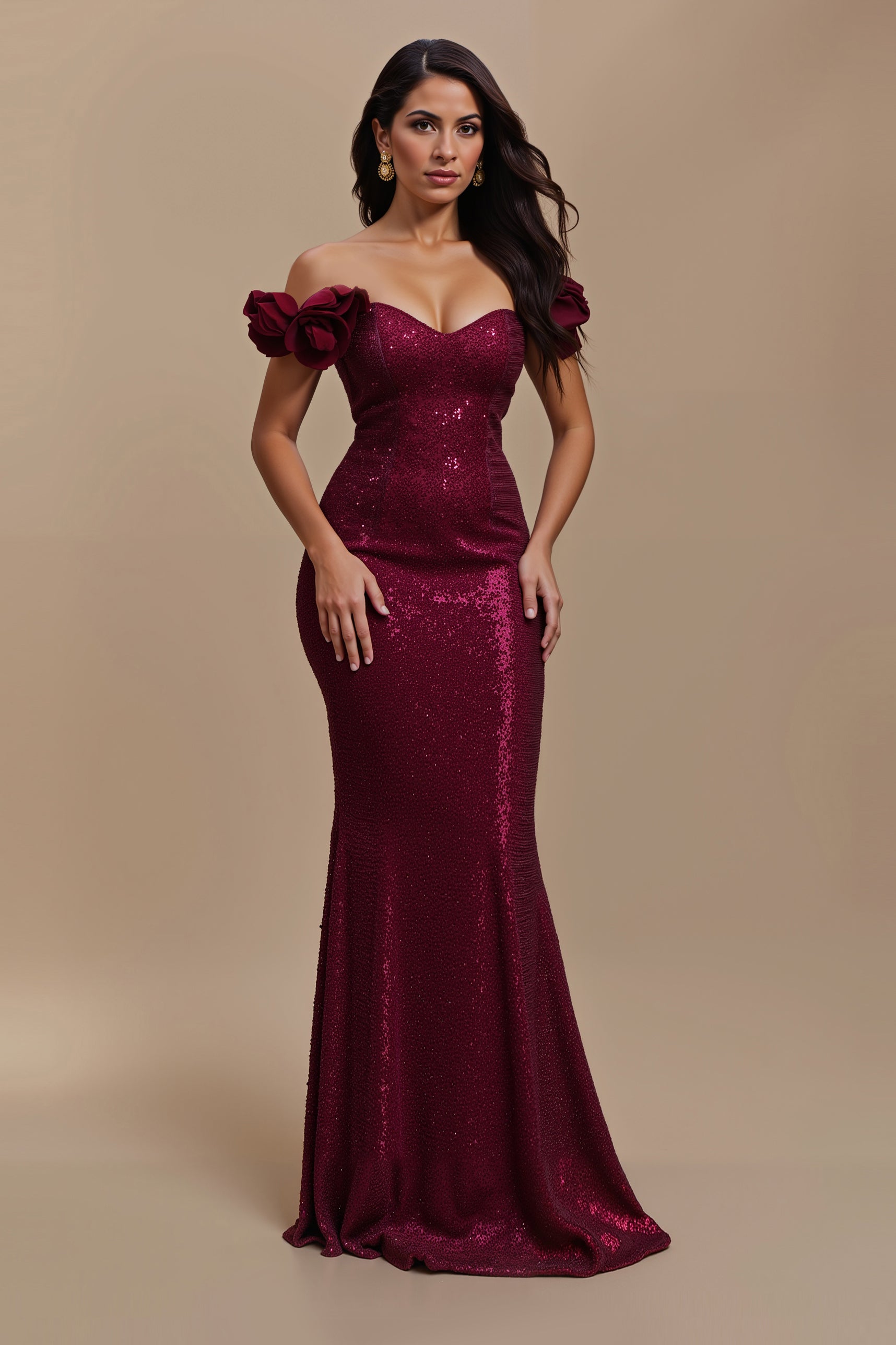 Robe de vacances sirène à paillettes bordeaux à épaules dénudées