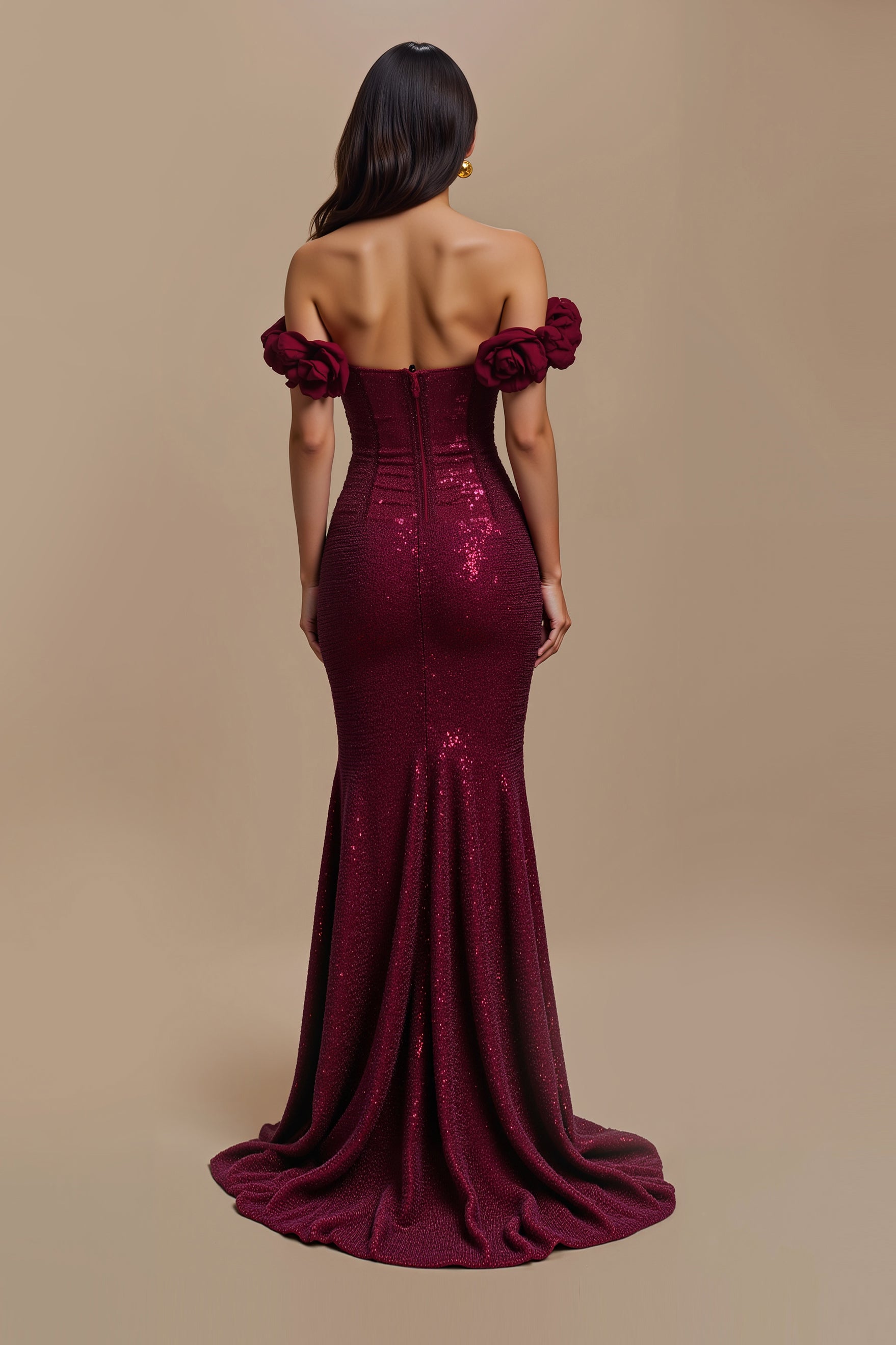 Robe de vacances sirène à paillettes bordeaux à épaules dénudées