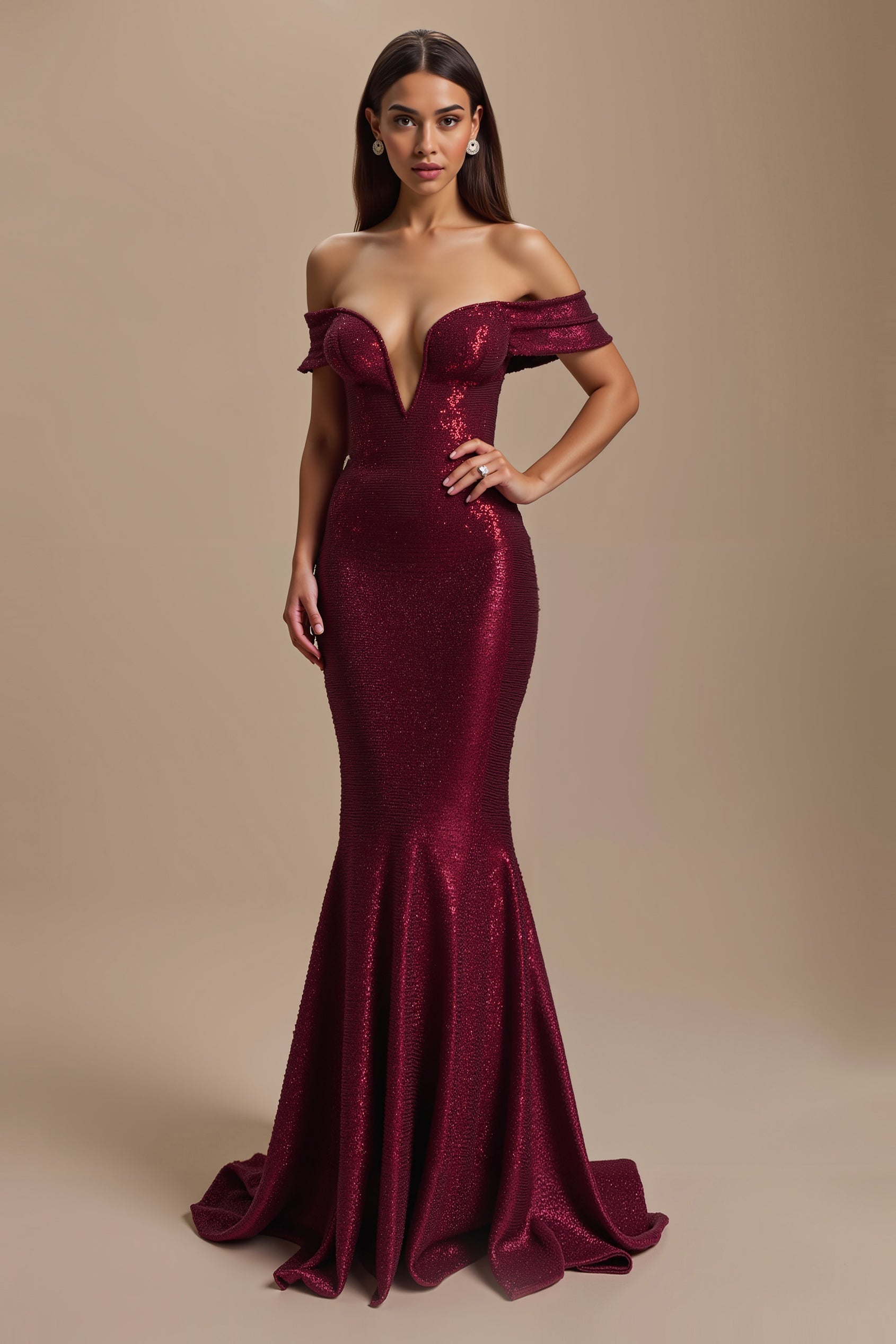 Robe de vacances sirène bordeaux à épaules dénudées à sequins
