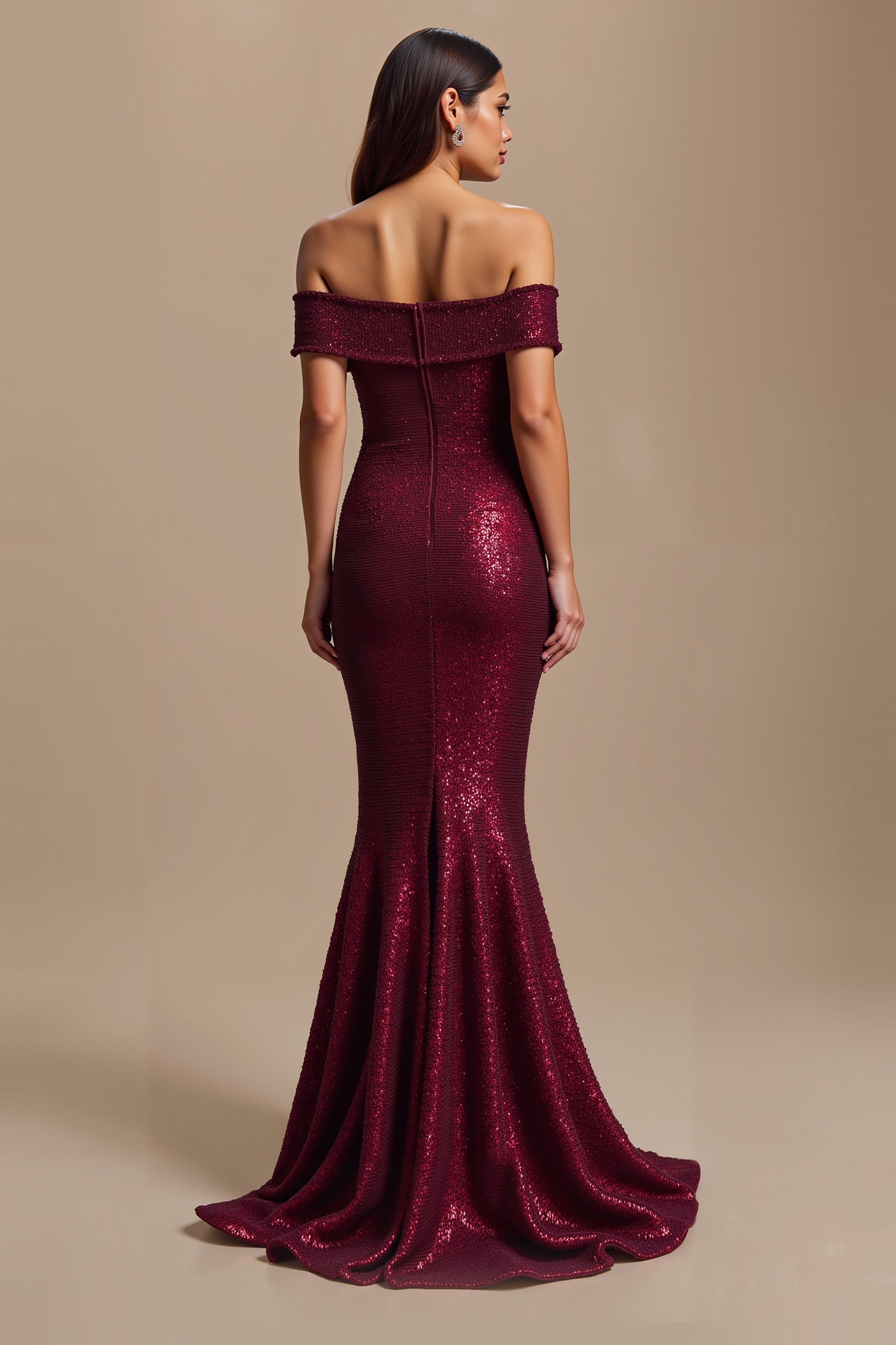 Robe de vacances sirène bordeaux à épaules dénudées à sequins