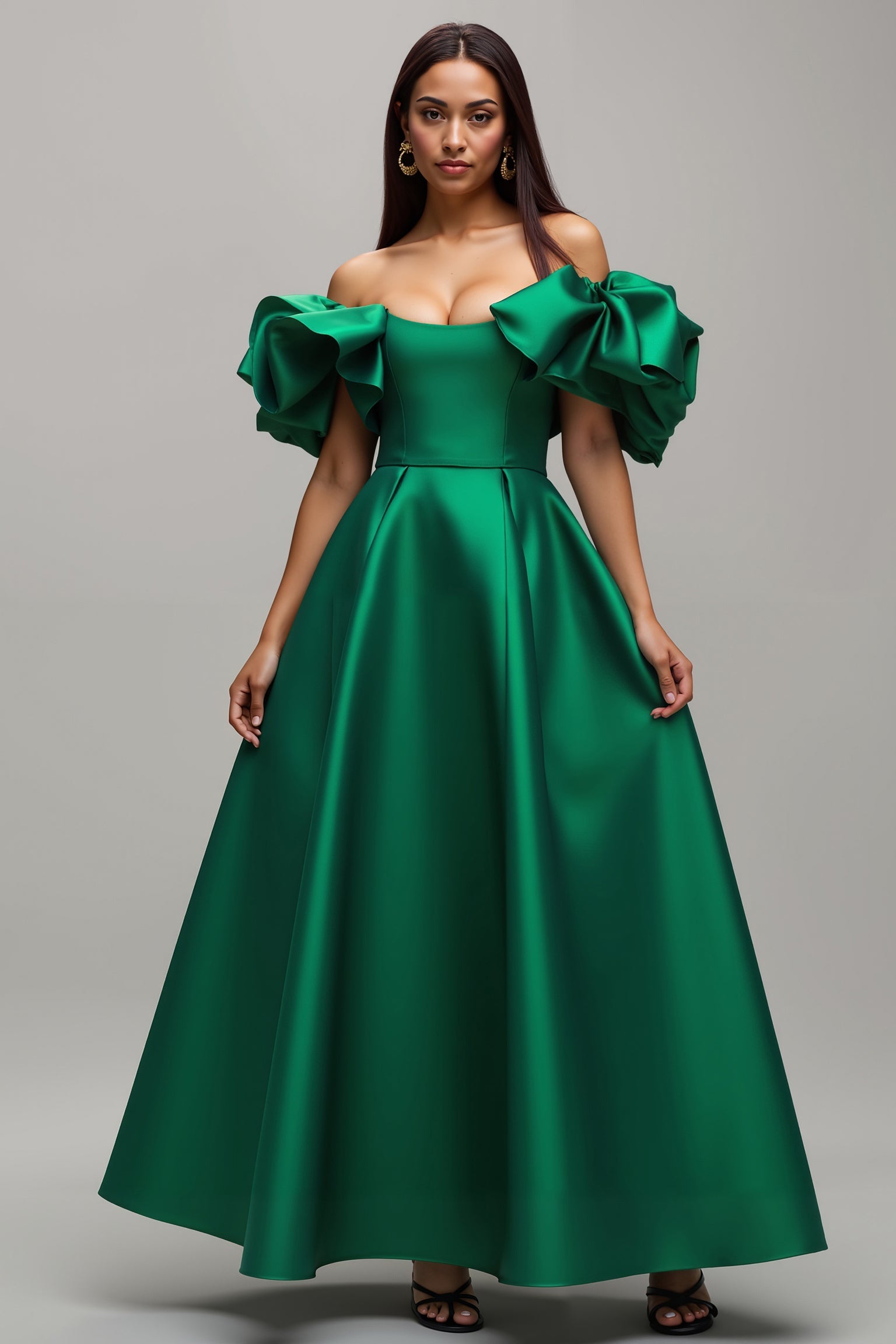 Robe de vacances en satin vert foncé à épaules dénudées