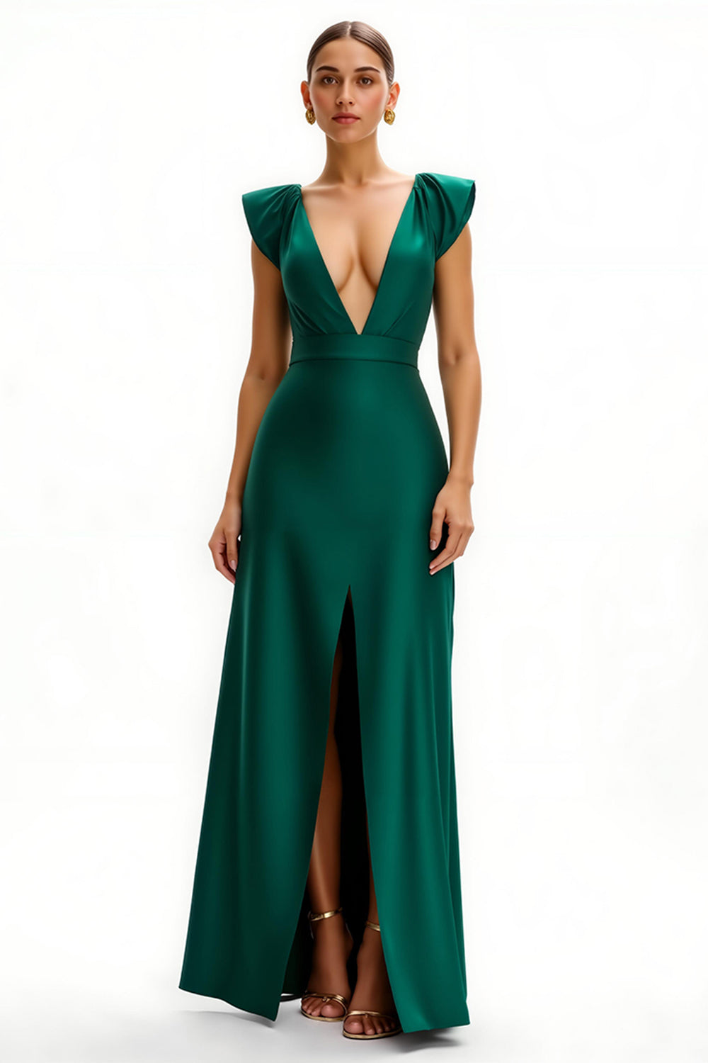Robe de vacances en satin vert foncé à col en V profond