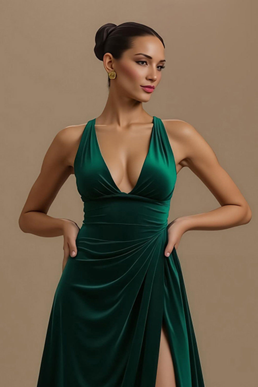 Robe de vacances en velours à col en V vert foncé
