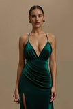 Robe de vacances en velours à col en V gainée vert foncé
