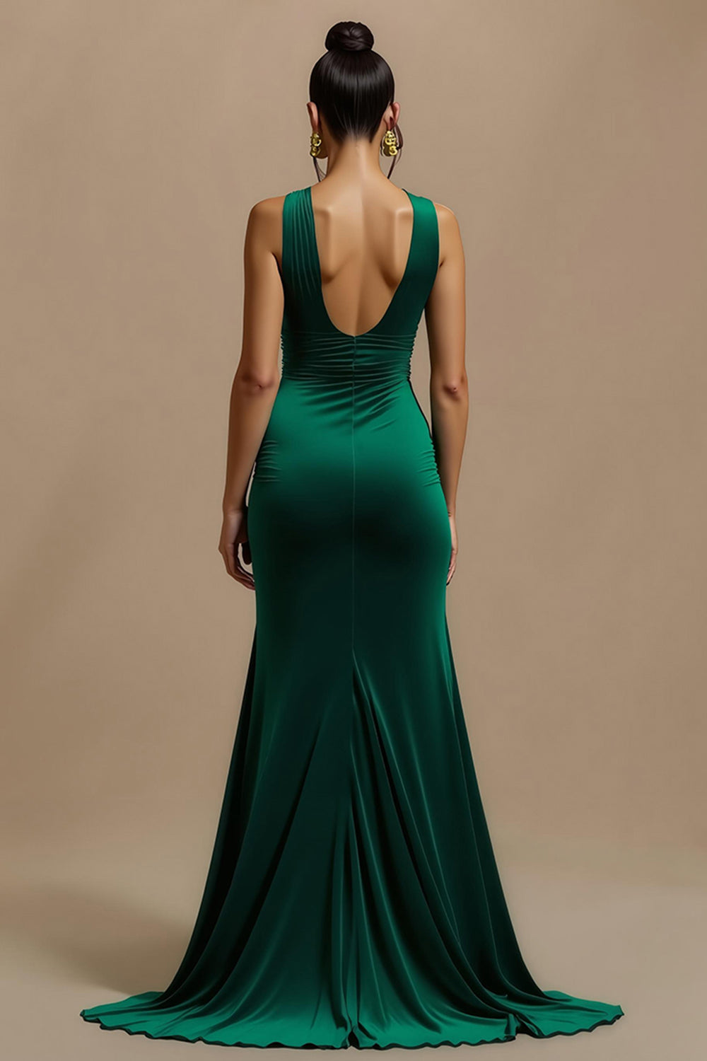 Robe de fête de Noël longue à col en V vert foncé avec fente