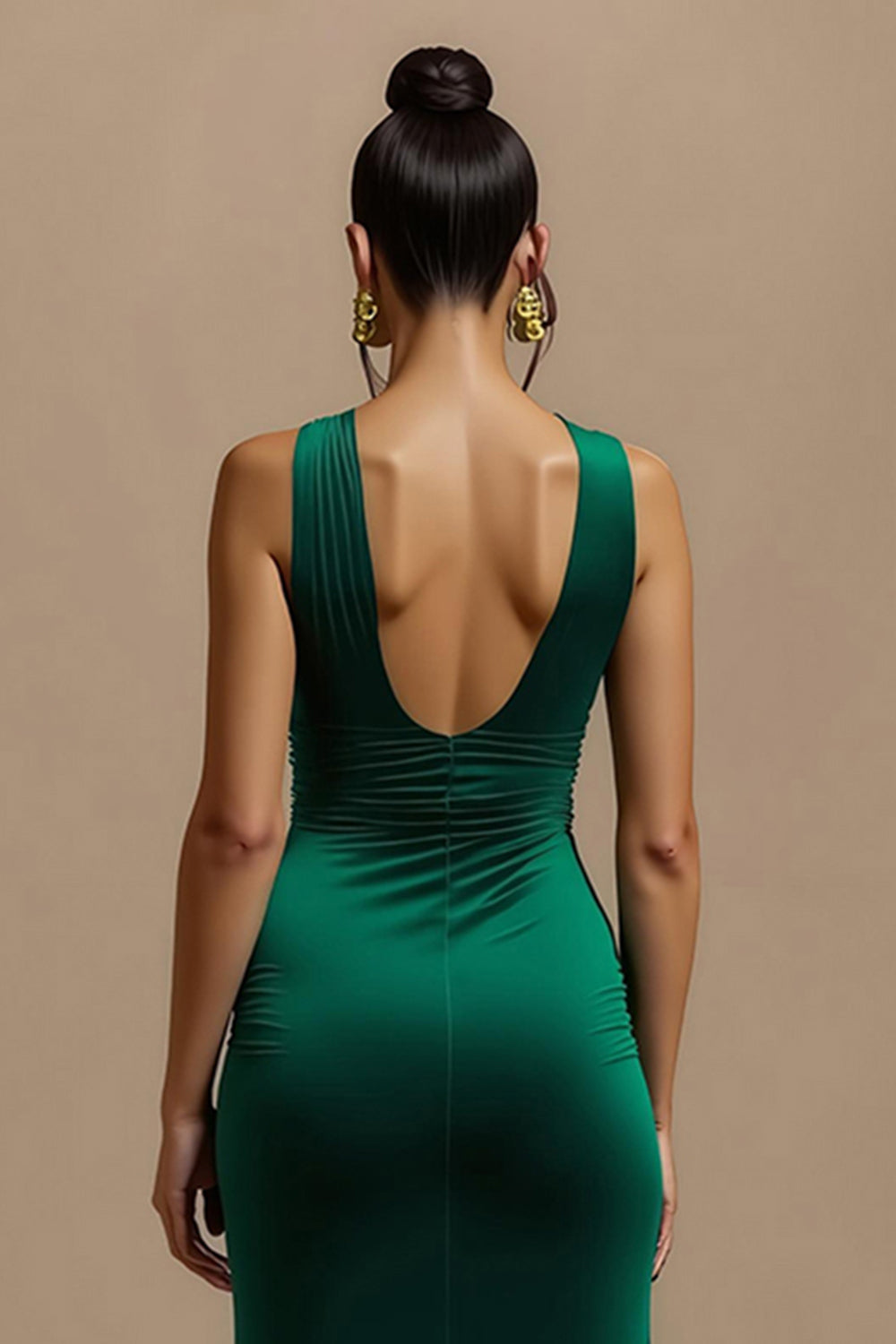 Robe de fête de Noël longue à col en V vert foncé avec fente
