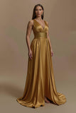Robe longue de fête de Noël dos nu en satin doré à col en V