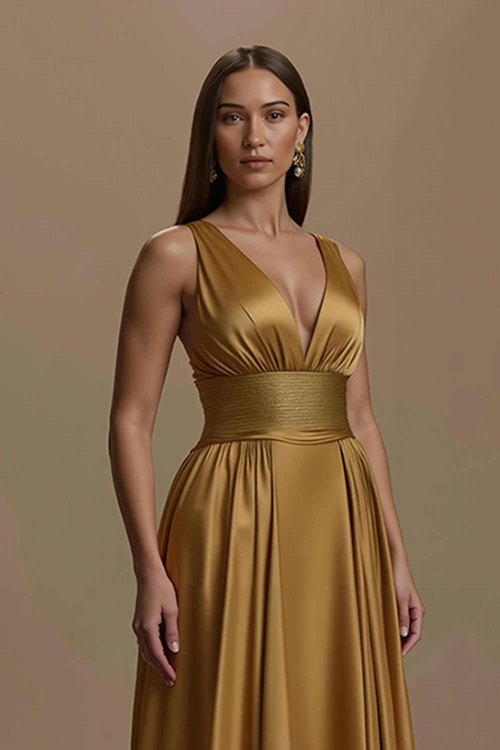 Robe longue de fête de Noël dos nu en satin doré à col en V