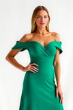 Robe longue de fête de vacances froncée vert foncé à épaules dénudées