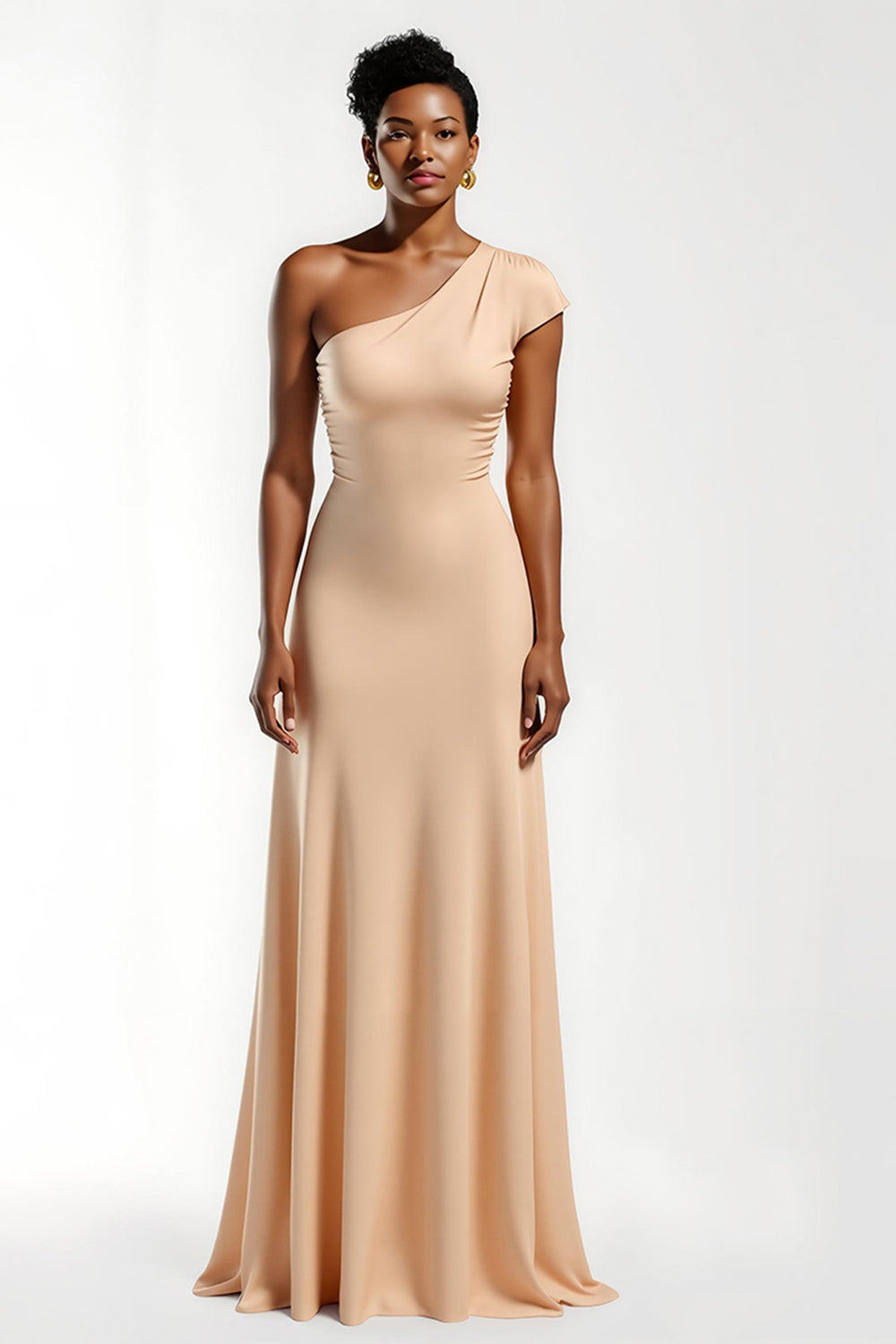 Robe longue de demoiselle d’honneur gaine à une épaule champagne avec manches