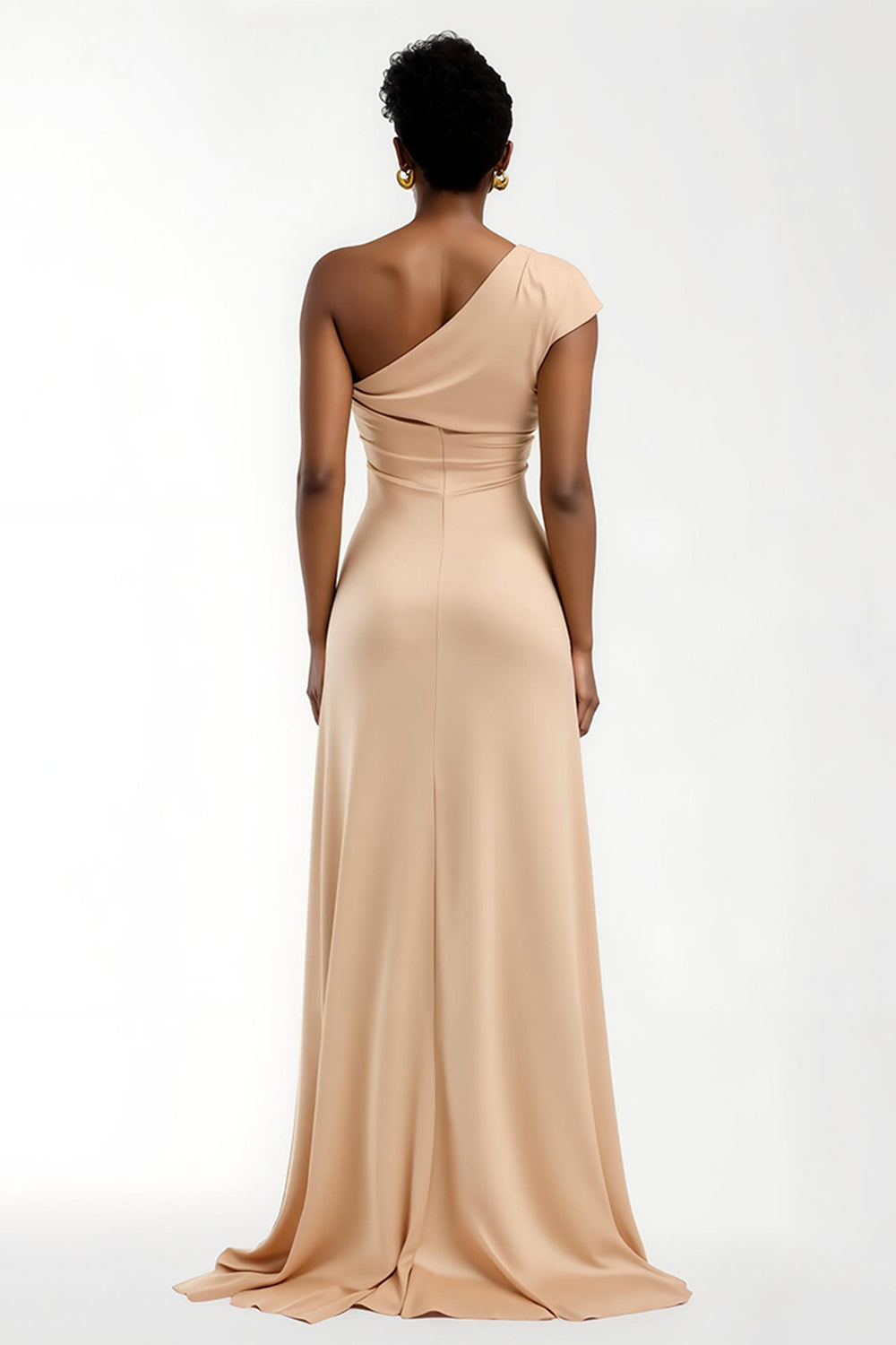 Robe longue de demoiselle d’honneur gaine à une épaule champagne avec manches