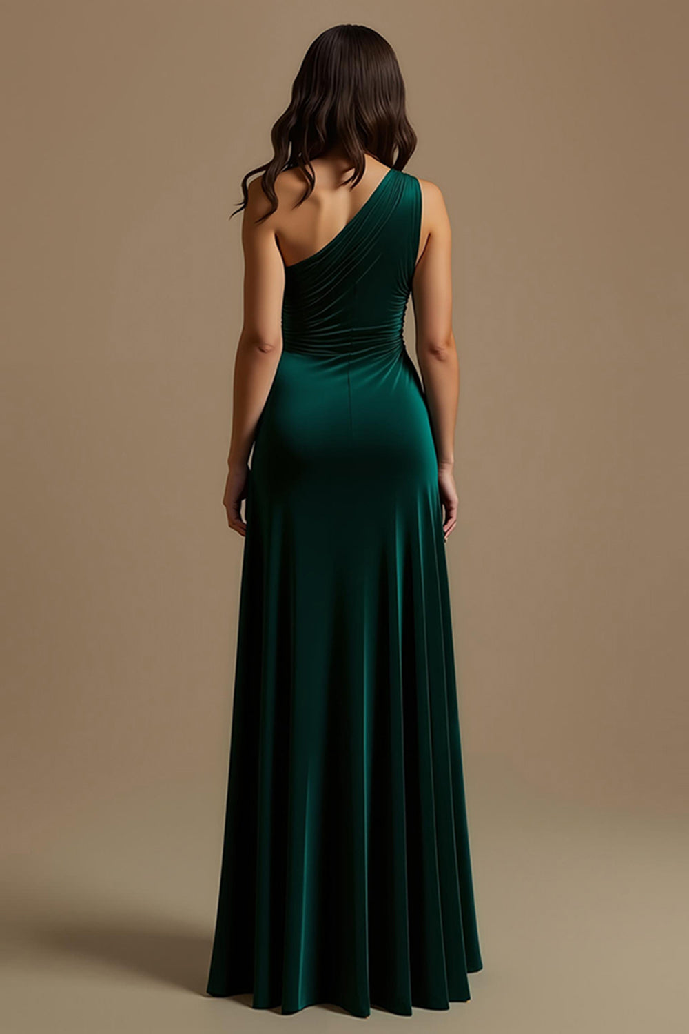 Robe de fête de vacances vert foncé à une épaule avec volants