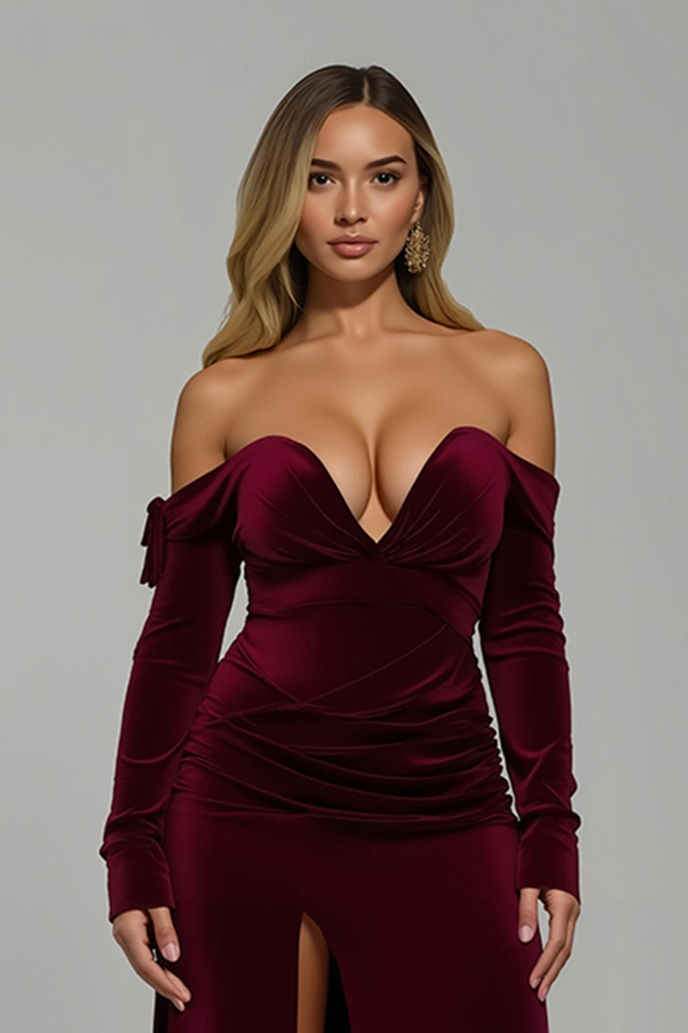 Robe longue de fête de Noël en velours bordeaux à épaules dénudées avec fente