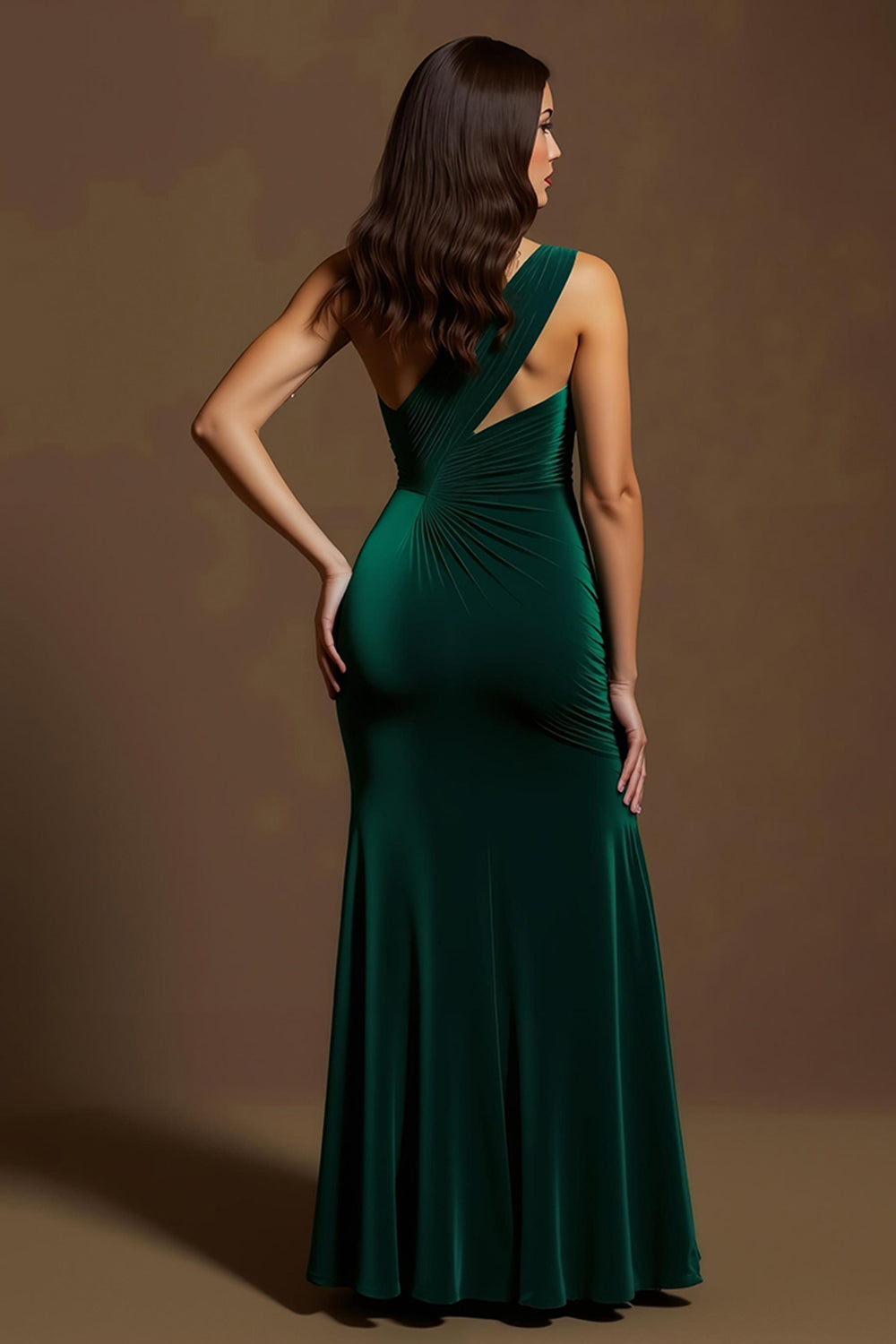 Velours vert foncé une épaule sirène longue robe de fête de vacances avec fente