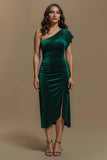 Robe de soirée de vacances en velours midi vert foncé avec manches