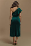 Robe de soirée de vacances en velours midi vert foncé avec manches