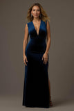 Robe de fête longue en velours à col en V et gaine bleu royal avec fente