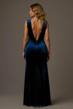 Robe de fête longue en velours à col en V et gaine bleu royal avec fente