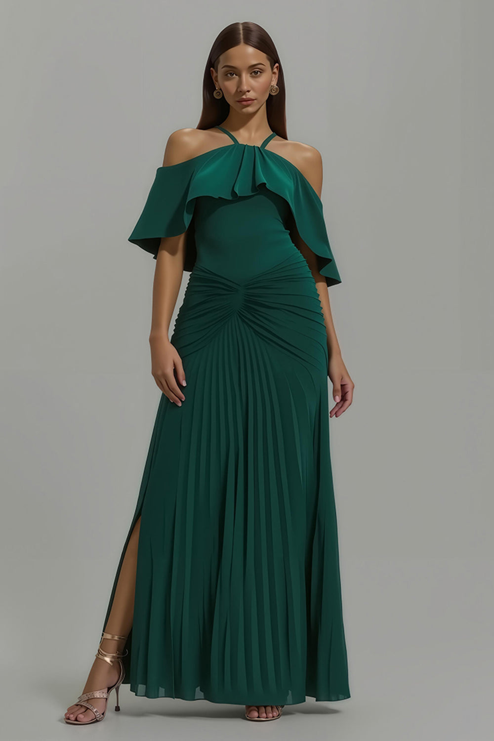 Robe longue de fête plissée dos nu vert foncé avec volants
