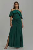Robe longue de fête plissée dos nu vert foncé avec volants