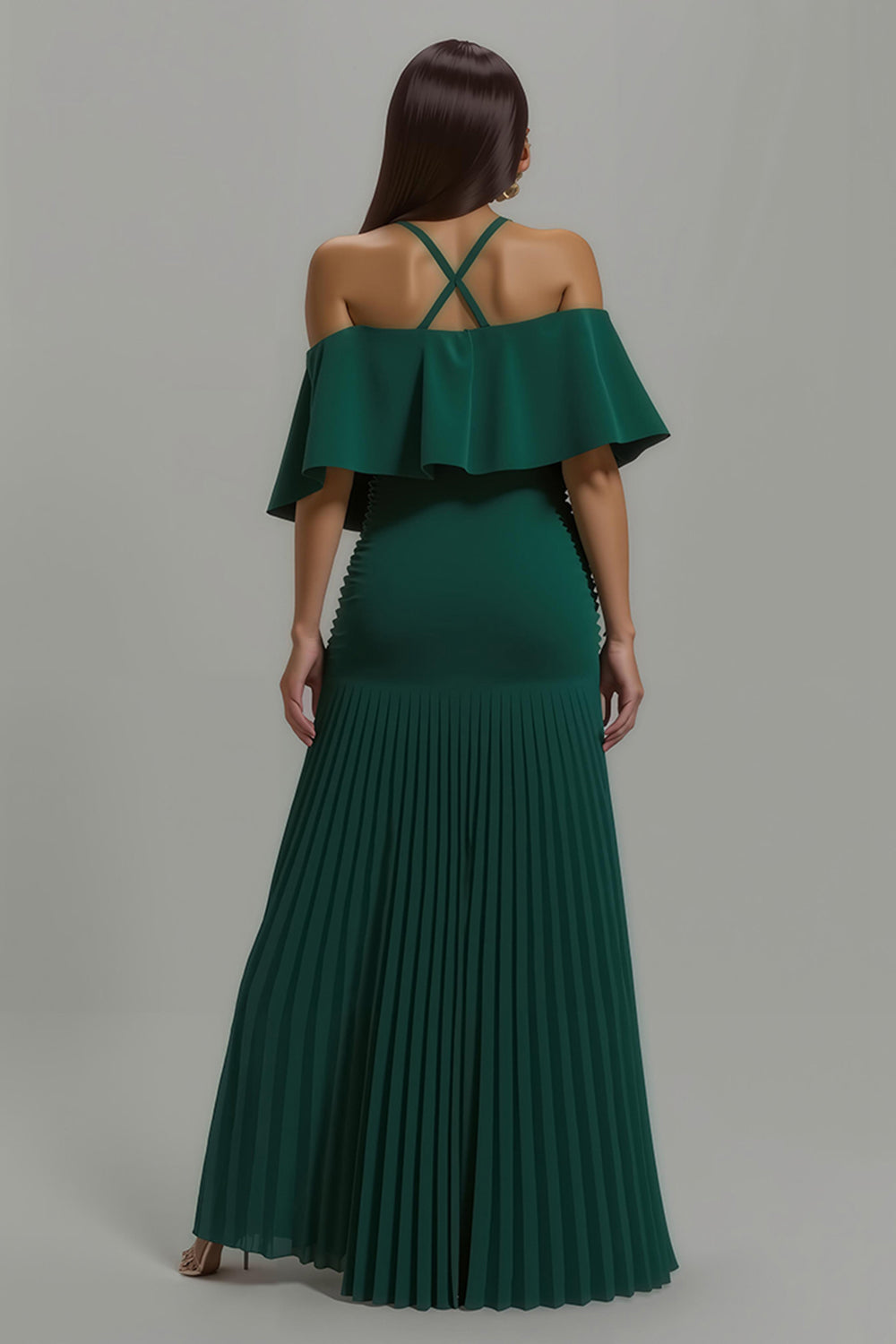 Robe longue de fête plissée dos nu vert foncé avec volants