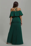 Robe longue de fête plissée dos nu vert foncé avec volants