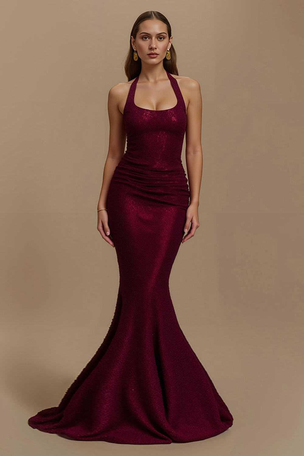 Robe longue de soirée de vacances scintillante bordeaux licol sirène
