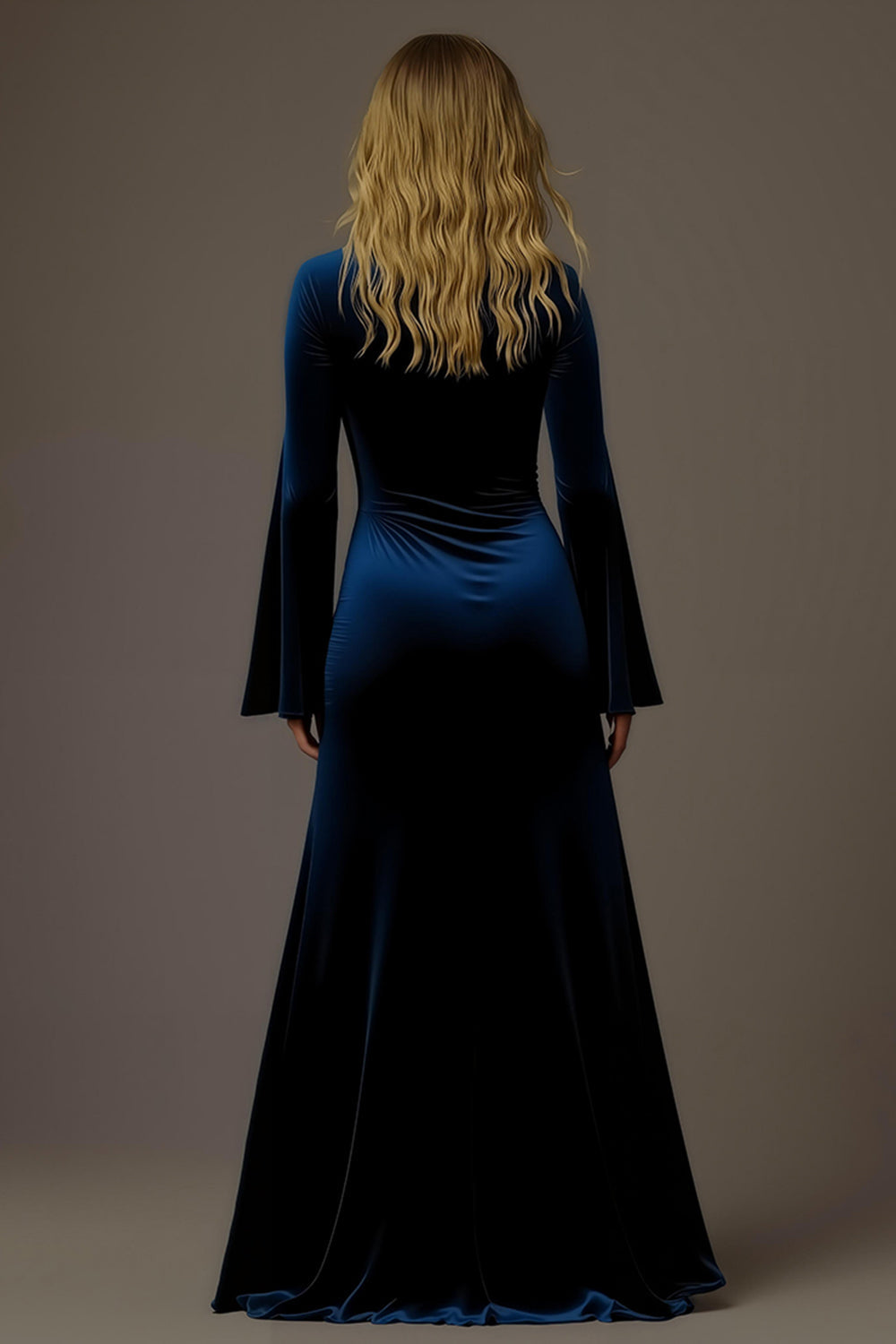 Robe de soirée de vacances en velours à manches longues et fourreau bleu royal