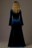 Robe de soirée de vacances en velours à manches longues et fourreau bleu royal