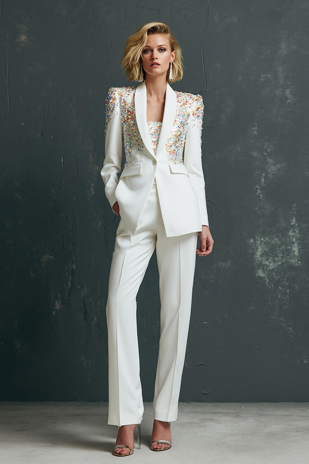 Blanc 2 Pièces Châle Revers Femmes Costumes avec Poches
