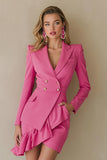 Robe courte de travail à double boutonnage à revers en pointe fuchsia avec volants