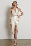 Robe de travail midi dos nu champagne avec fente