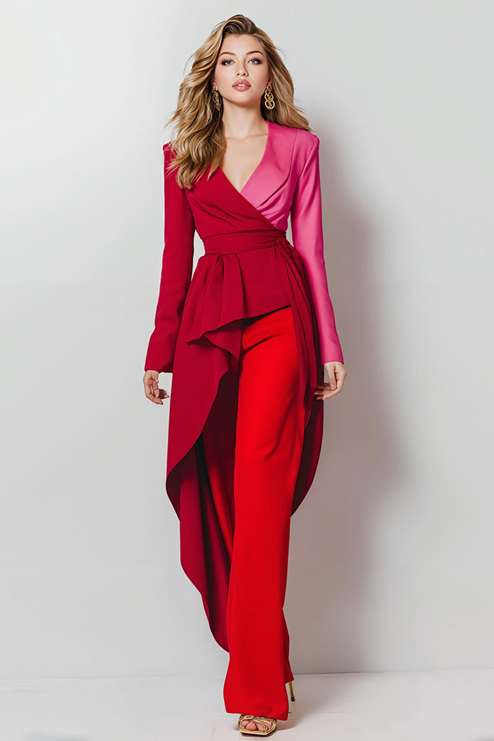 Rouge 2 Pièce Satin Châle Revers Femmes Bal Costumes avec Manches